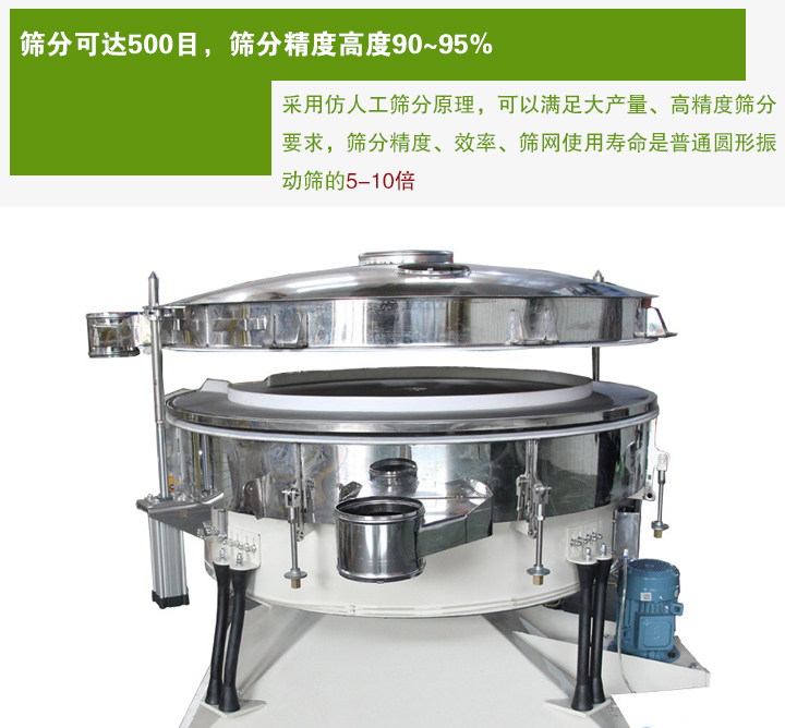 搖擺篩分機(jī)采用仿人工篩分原理，可以滿(mǎn)足大產(chǎn)量、高精度篩分 要求，篩分精度、效率、篩網(wǎng)使用壽命是普通圓形振 動(dòng)篩的5-10倍